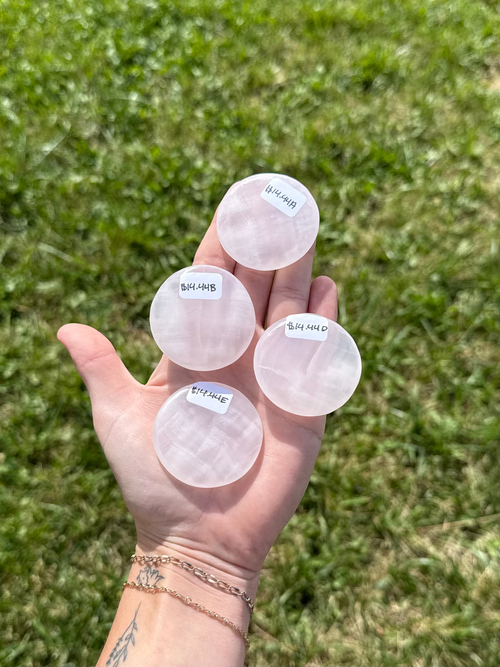 Large pink calcite round flats (uv reactive)