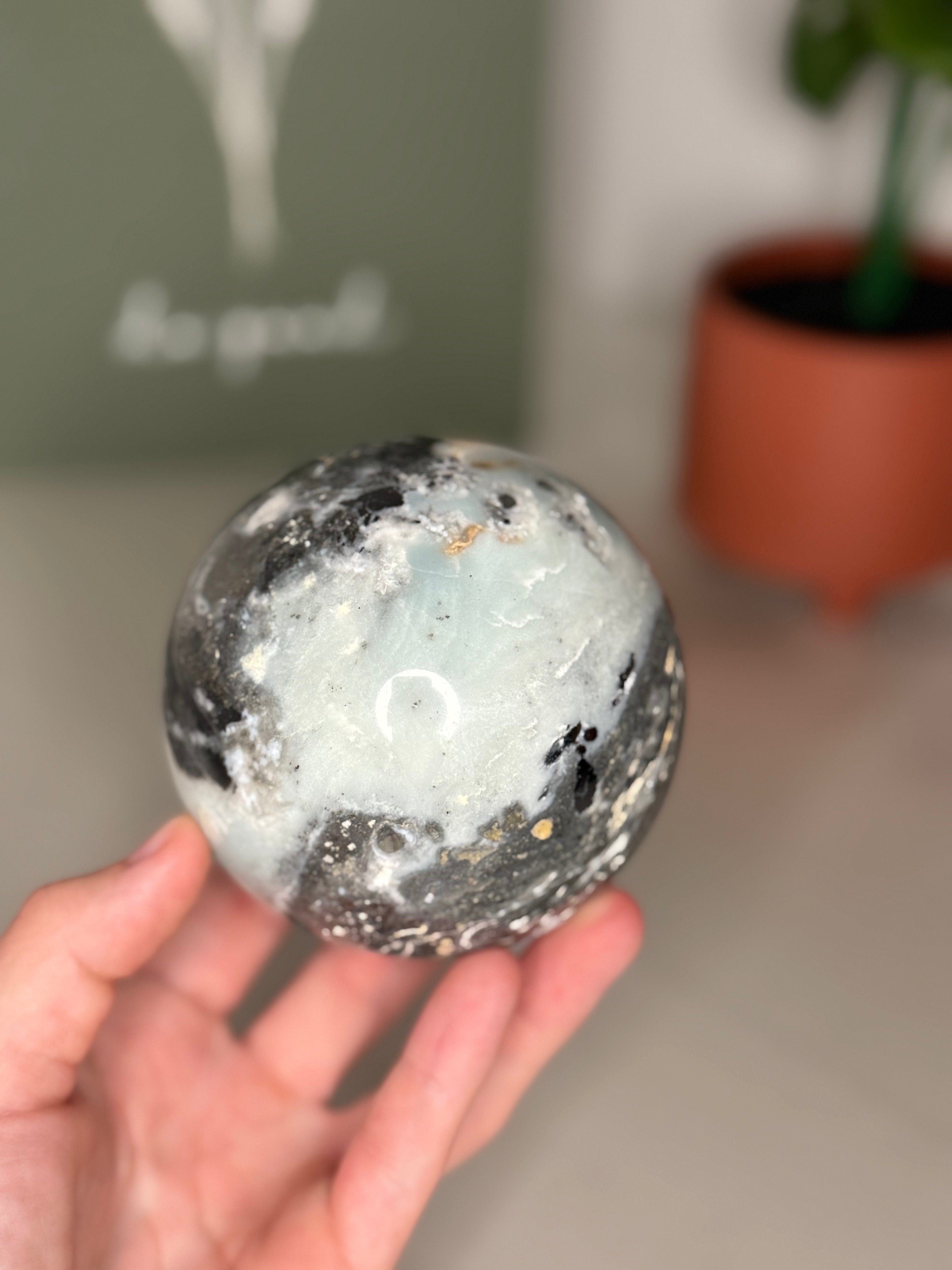 Large Caribbean calcite with hematite sphere
