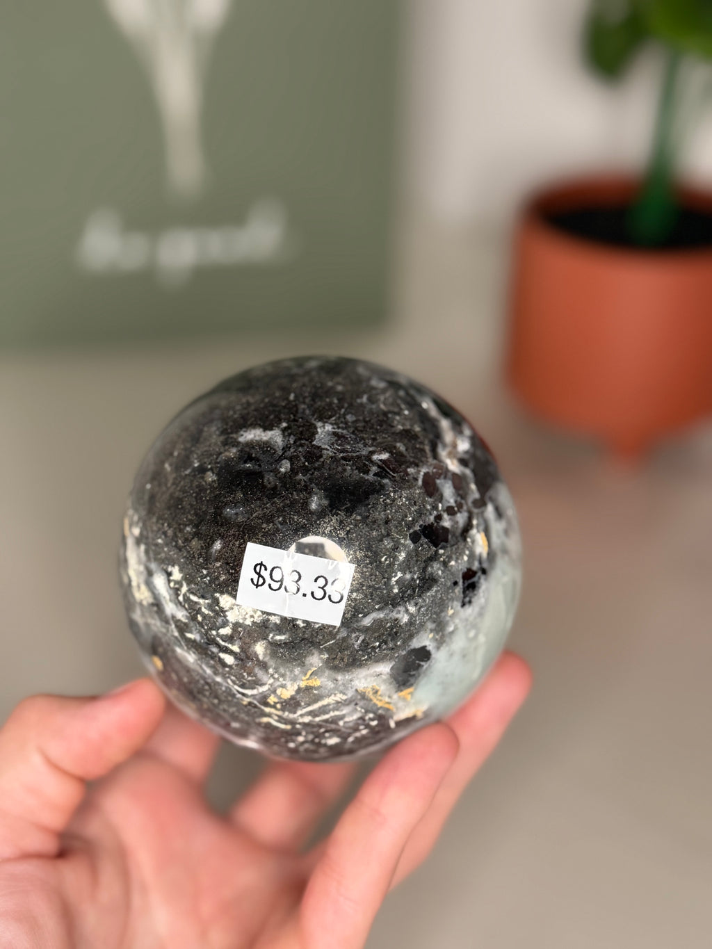 Large Caribbean calcite with hematite sphere