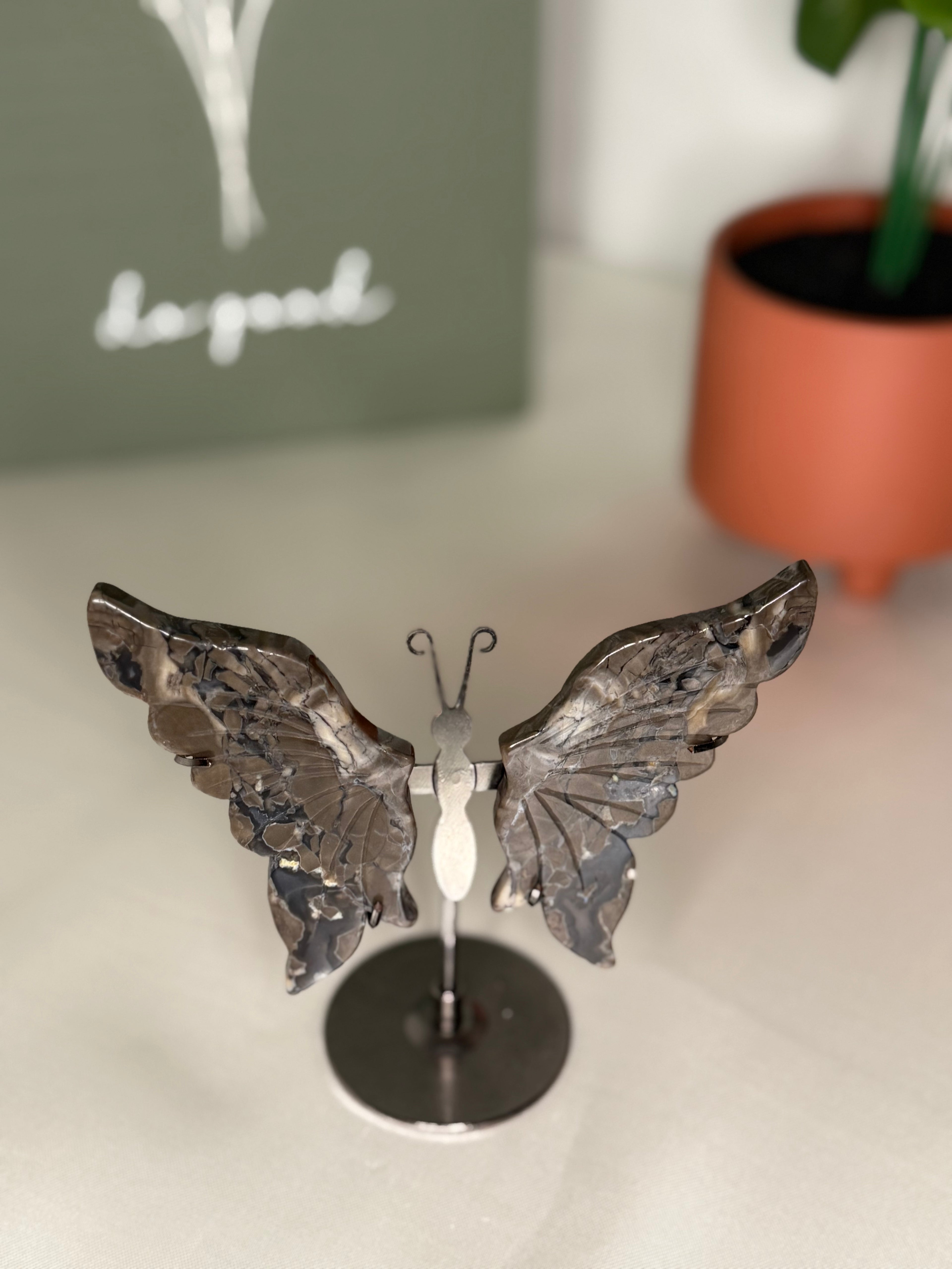 Volcano agate butterfly wings on a stand