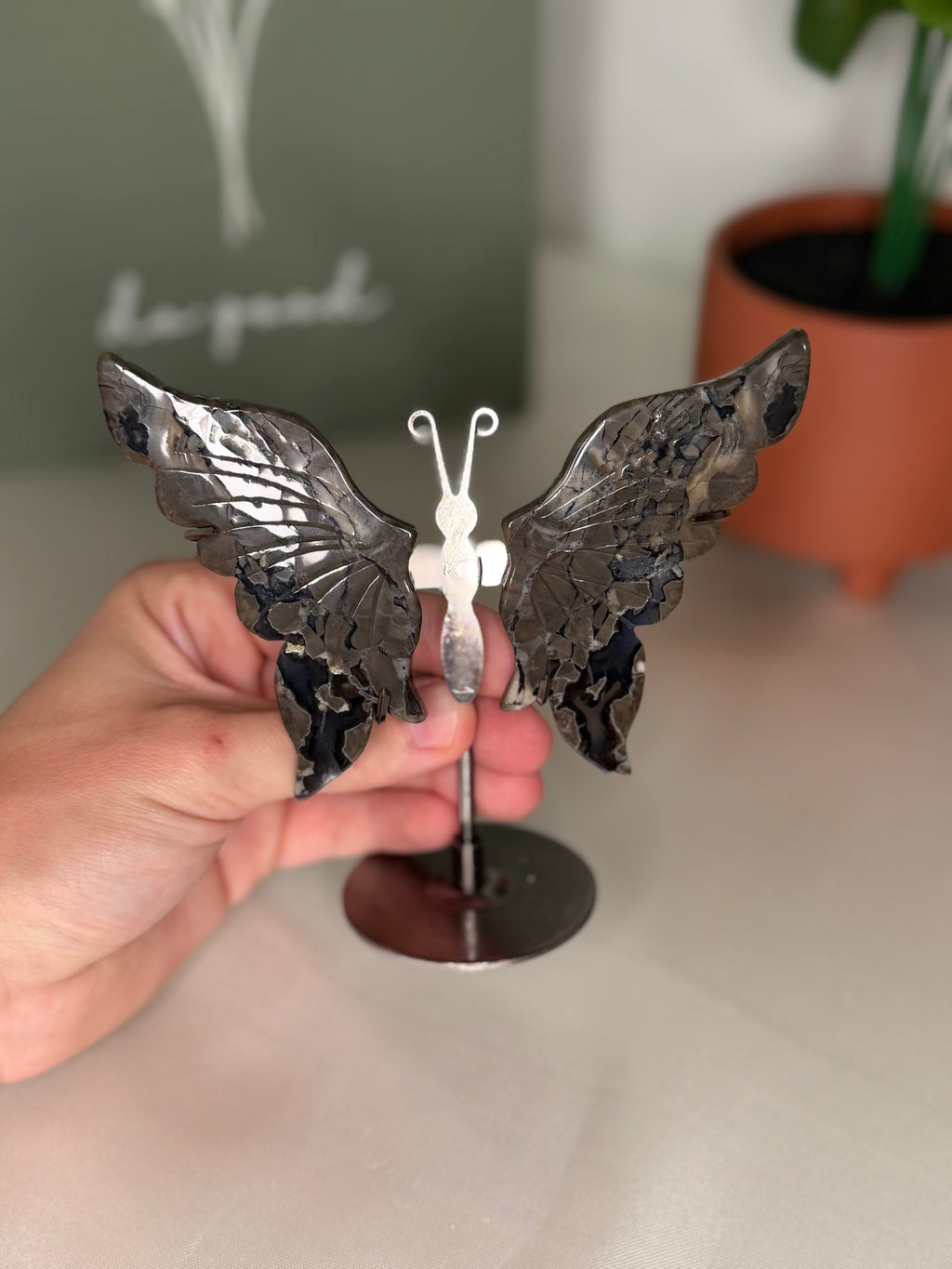 Volcano agate butterfly wings on a stand