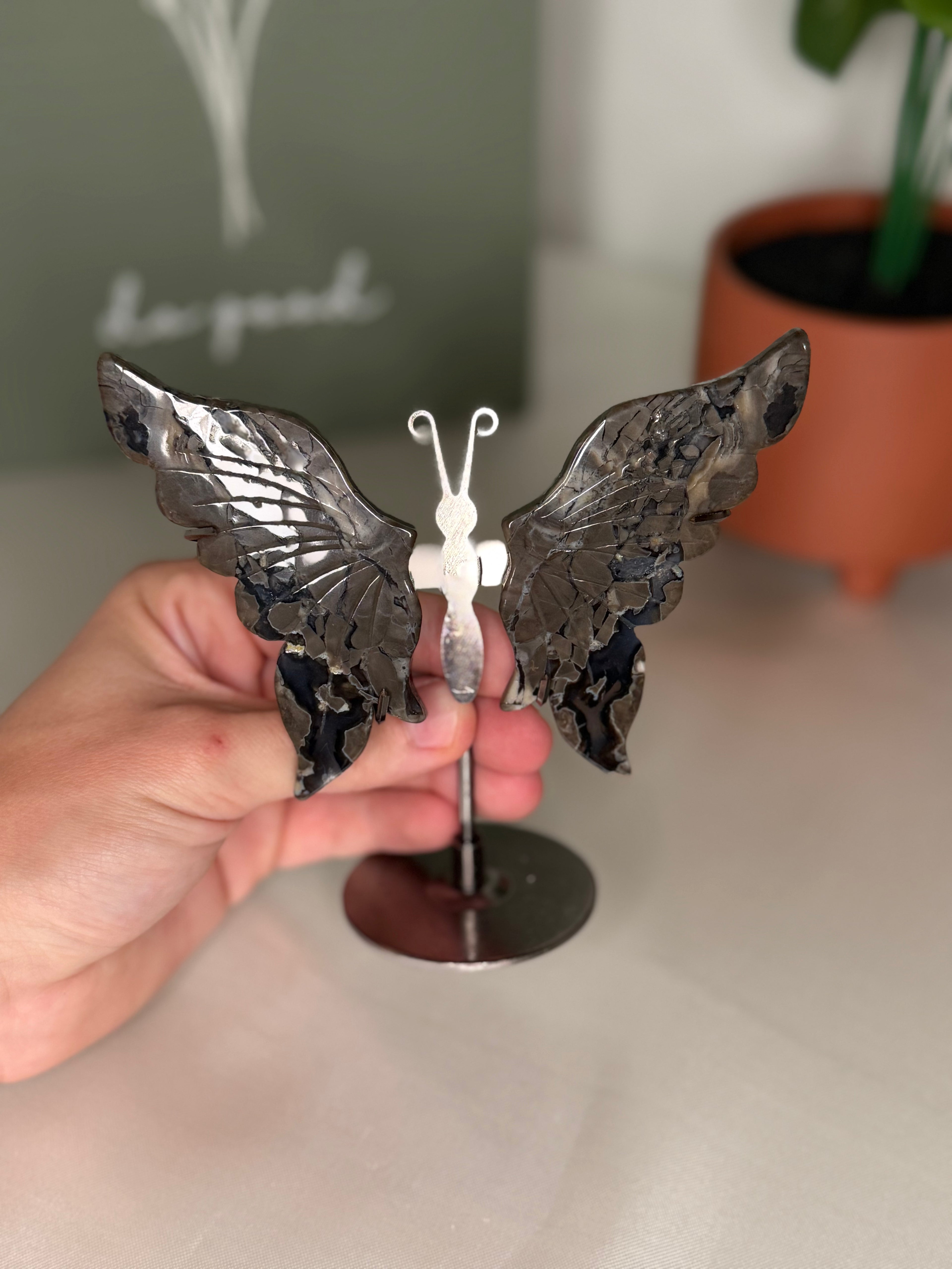 Volcano agate butterfly wings on a stand