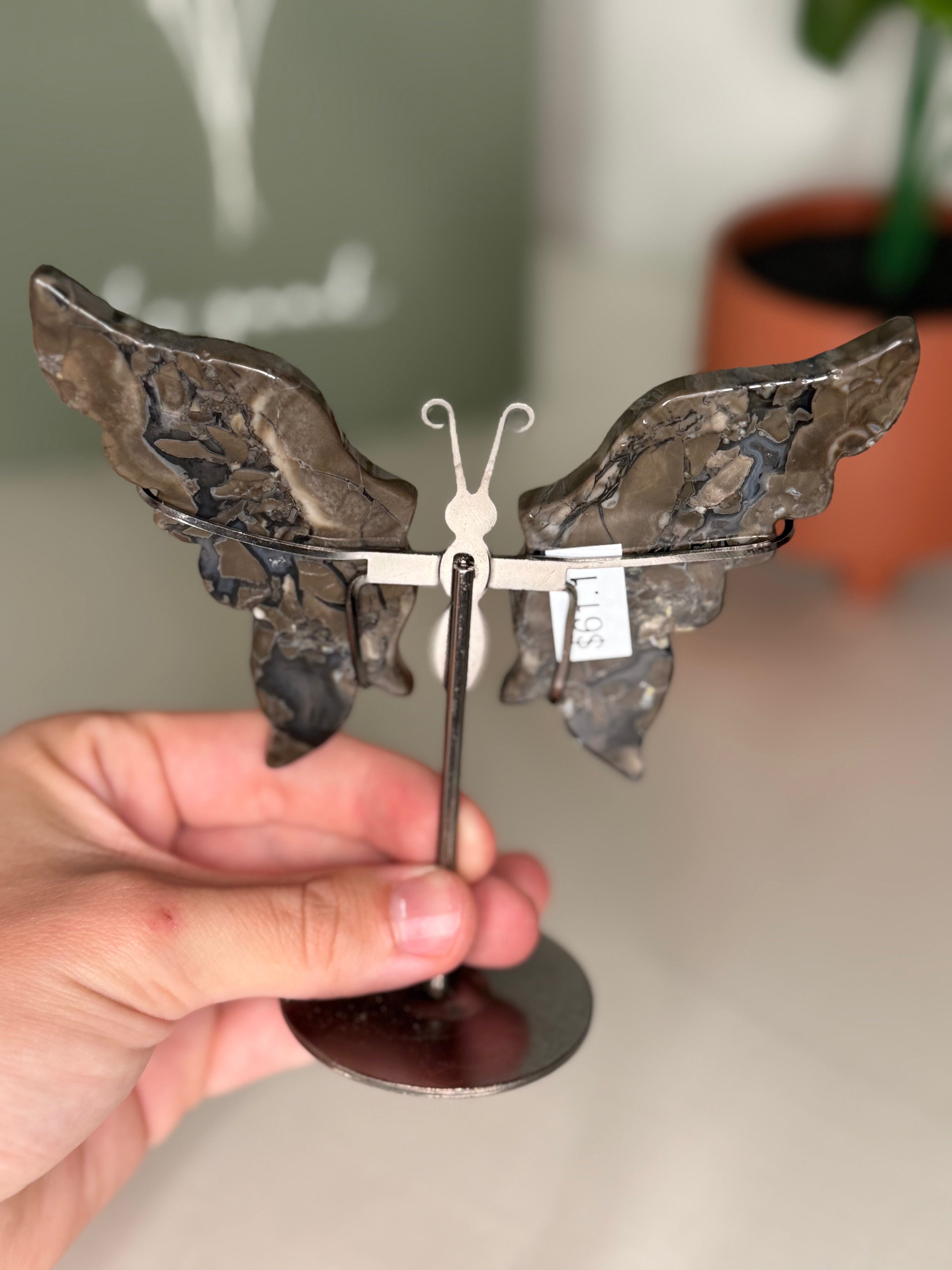 Volcano agate butterfly wings on a stand