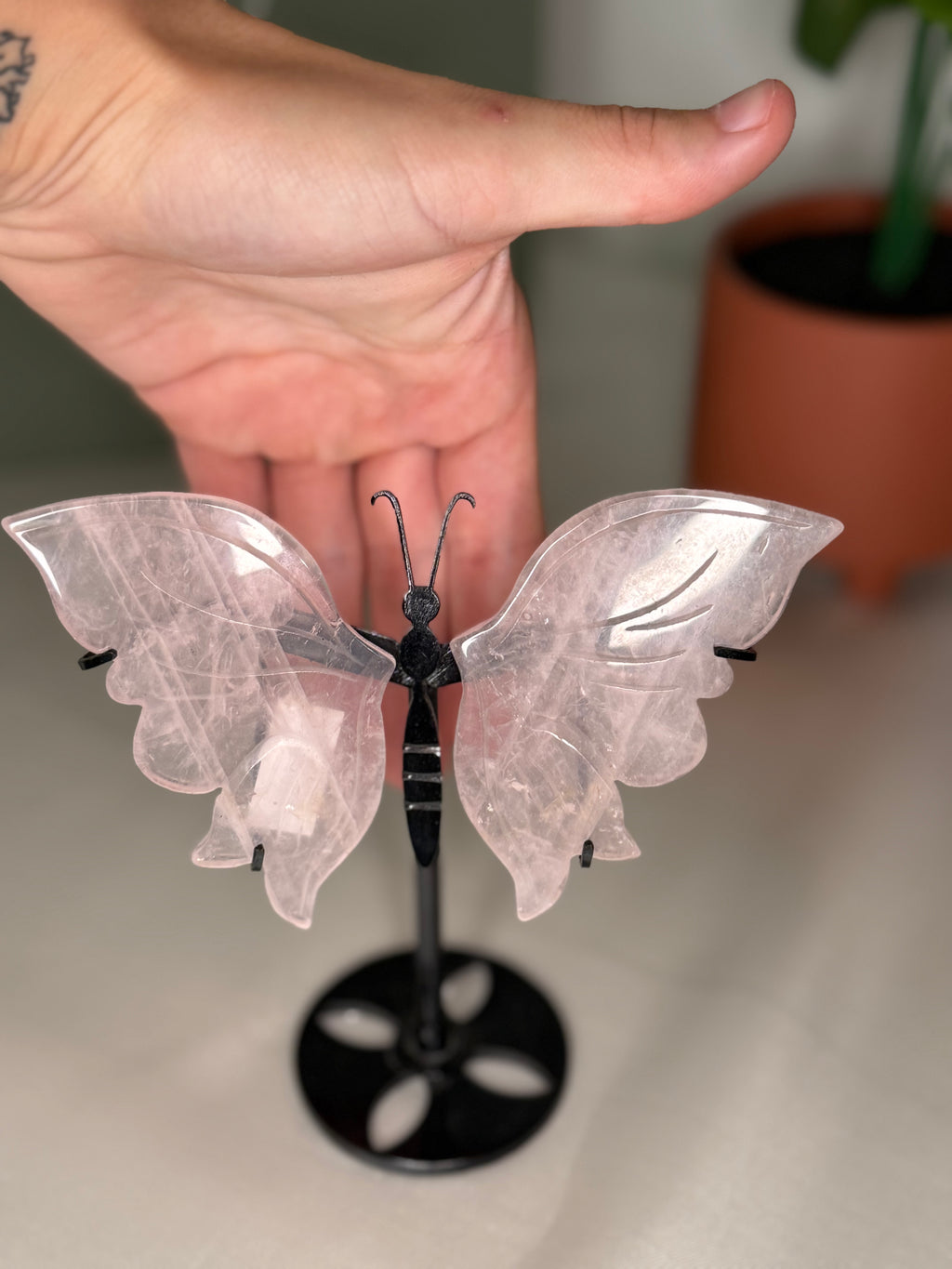 Rose quartz butterfly wings on a stand