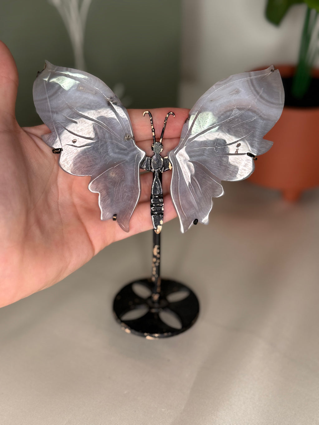 Imperfect agate butterfly wings on a stand