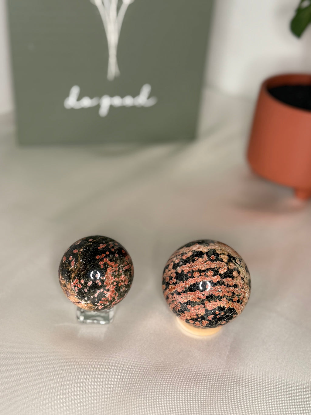 Red leopard skin jasper spheres