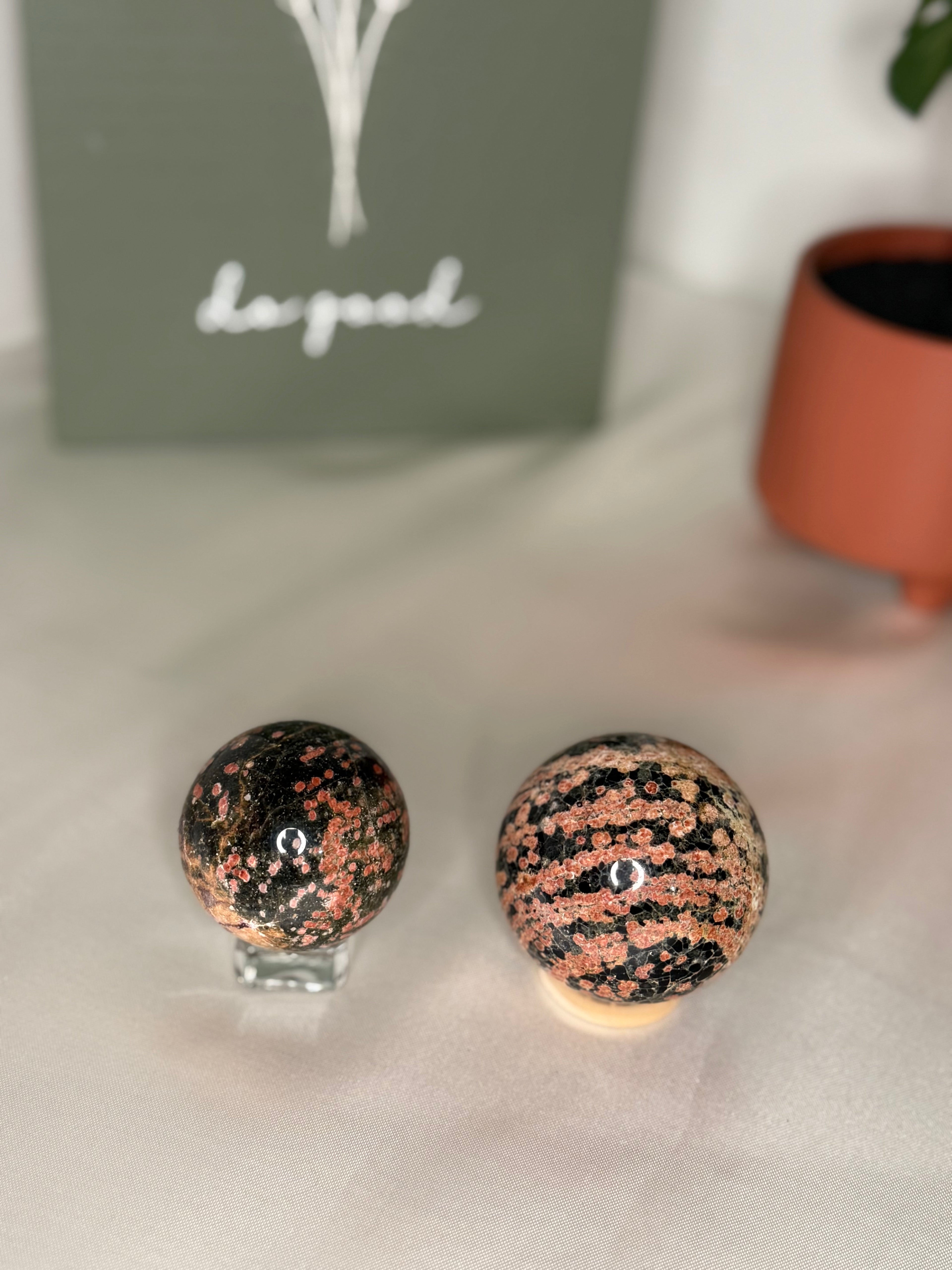 Red leopard skin jasper spheres