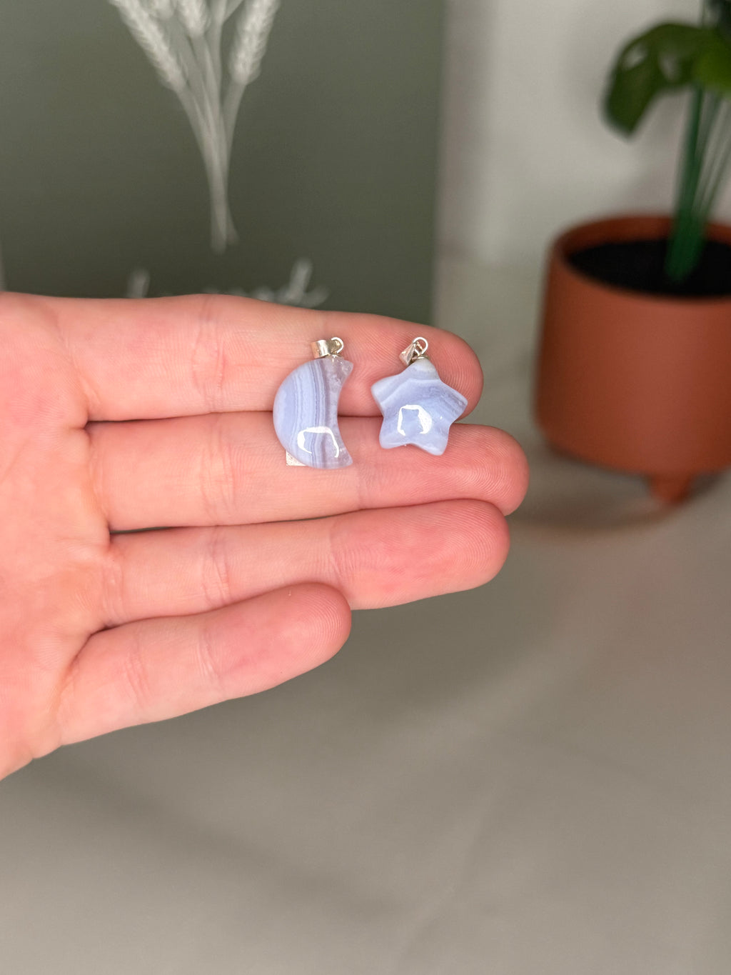 Blue lace agate silver pendants (moon and star)
