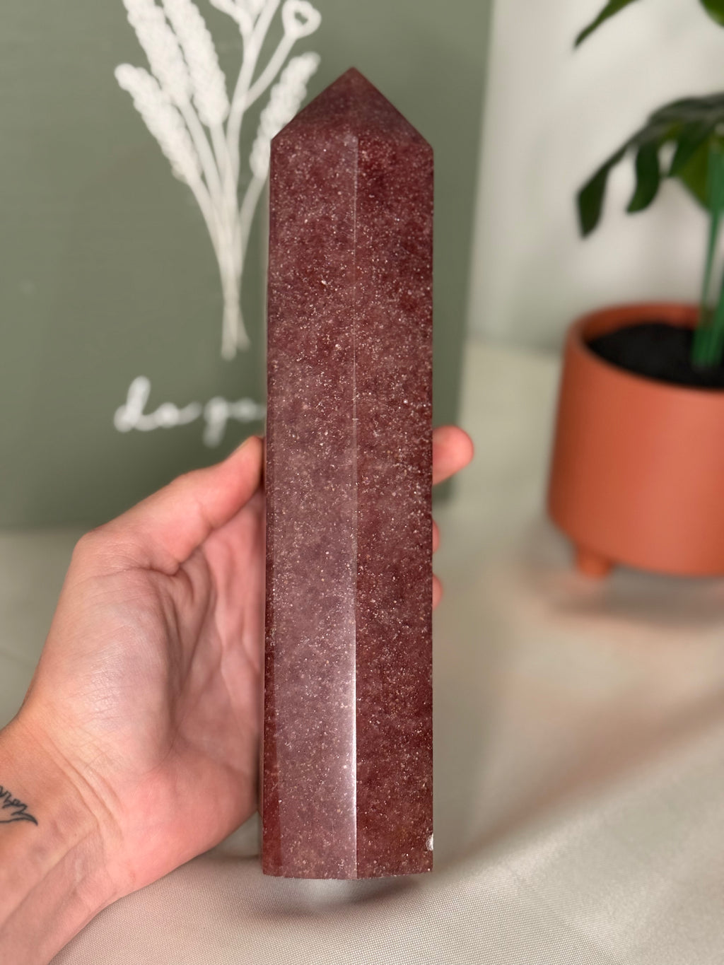 Large strawberry quartz tower