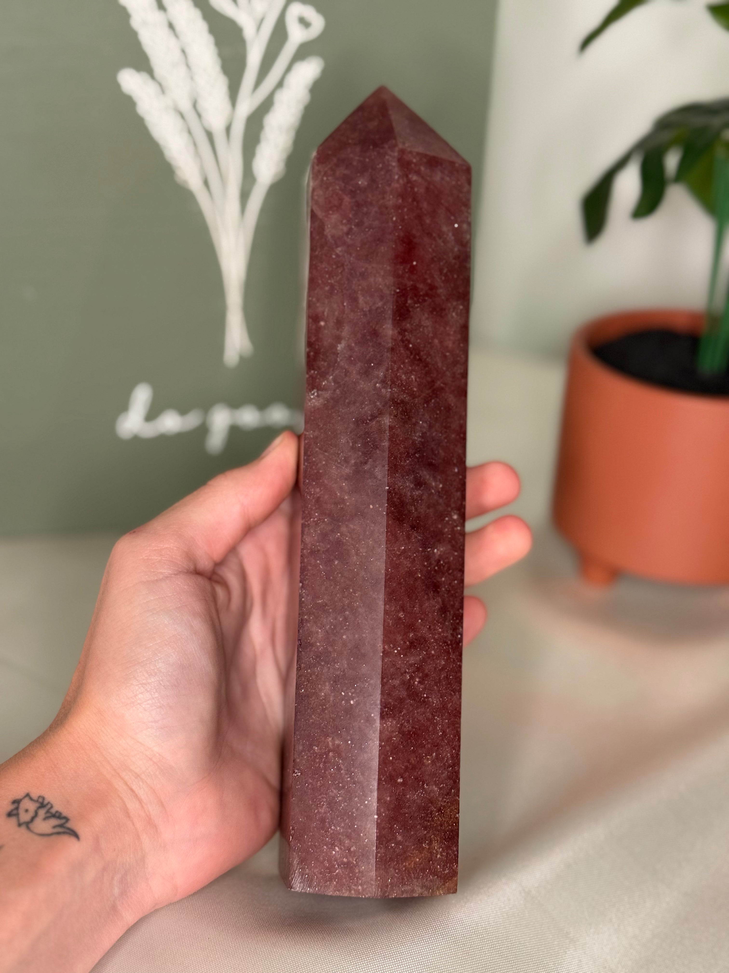 Large strawberry quartz tower